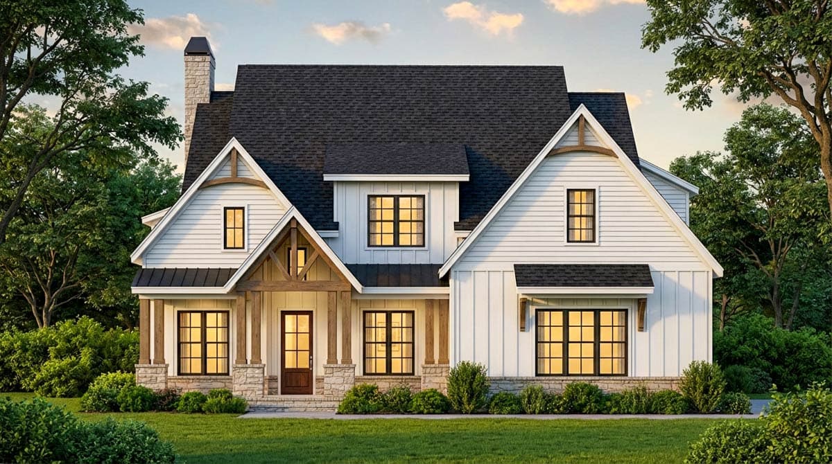 House plan exterior: Modern Farmhouse style, two stories, prominent gables, covered front porch with stone accents, and a stone chimney.