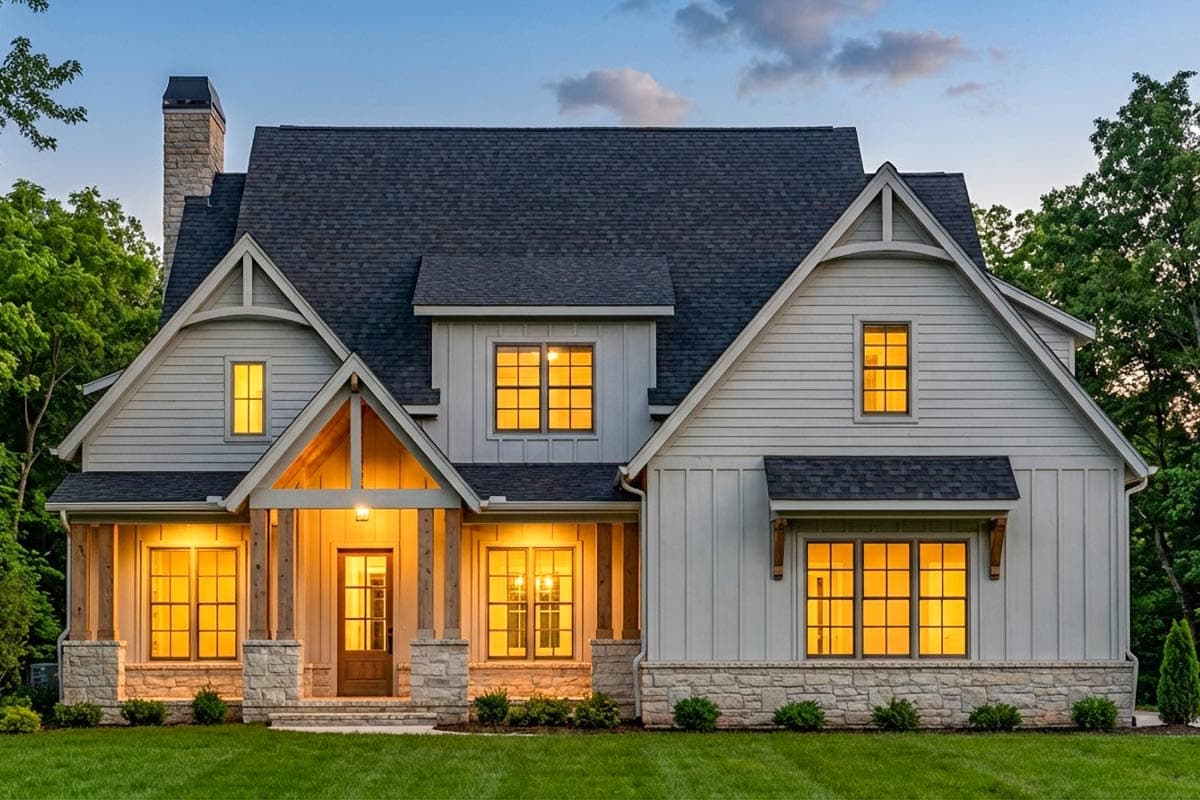 House plan exterior: Two-story Modern Farmhouse with stone accents, covered front porch, dormers, and gables.