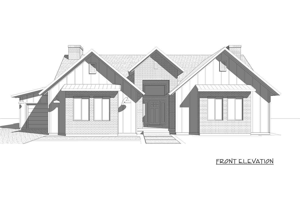 Front elevation house plan with brick and vertical siding, multiple gables, and attached garage.