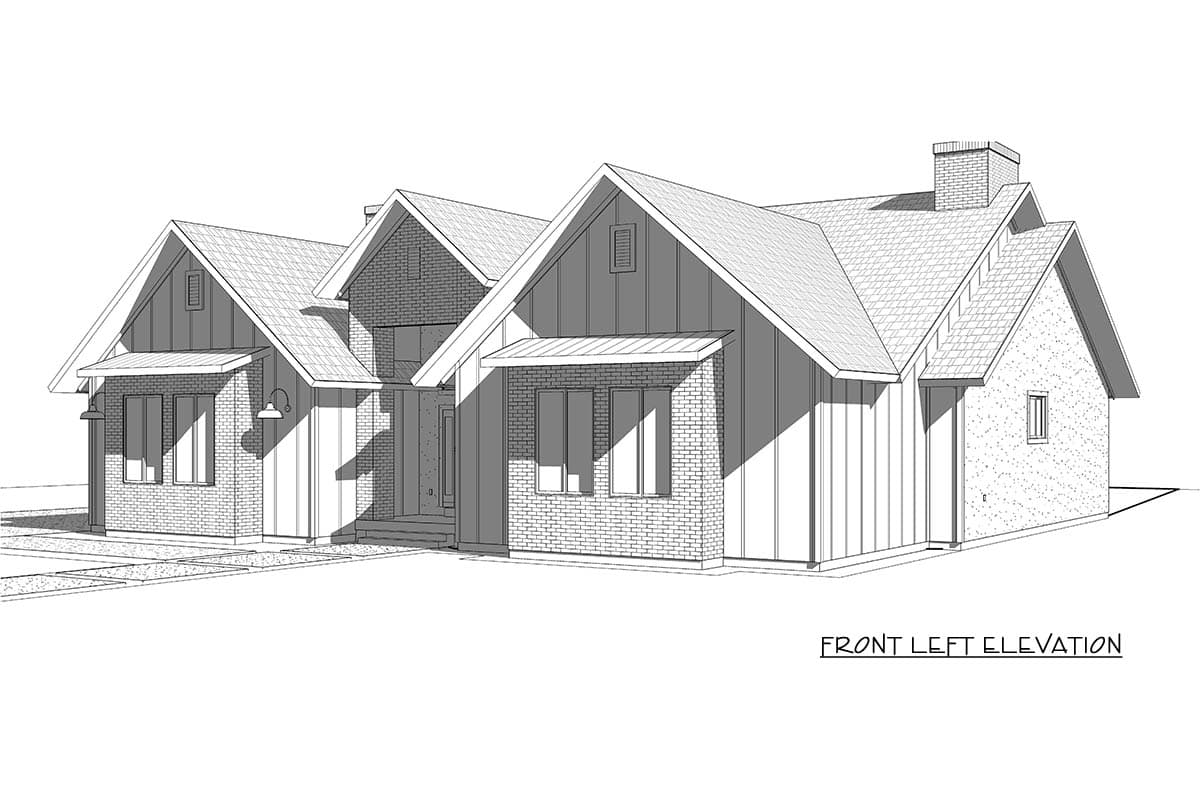 House plan front left elevation of a one-story home with gabled dormers, brick and board-and-batten siding, and a prominent chimney.