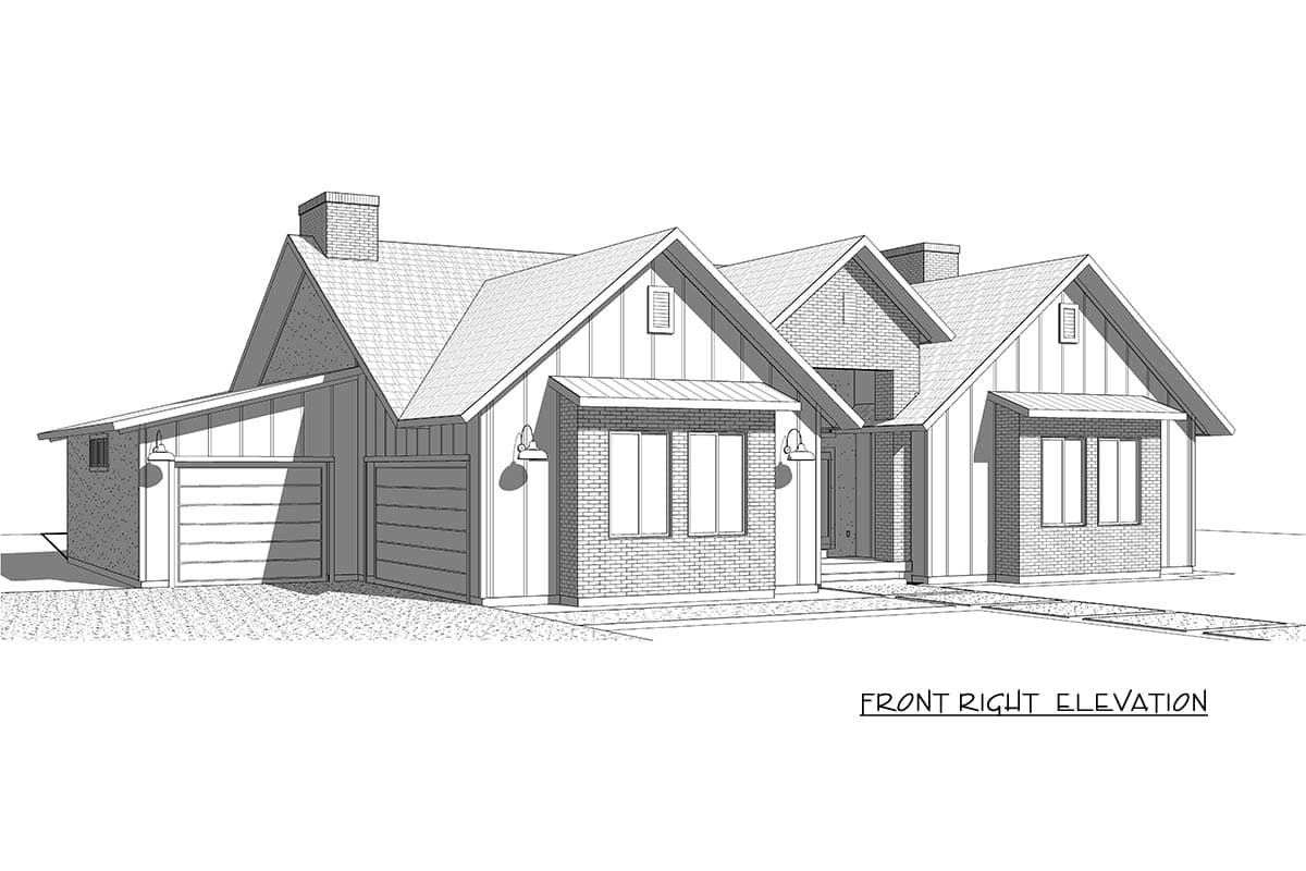 Front right elevation drawing of a one-story house with a two-car garage, brick exterior, and gabled roof.