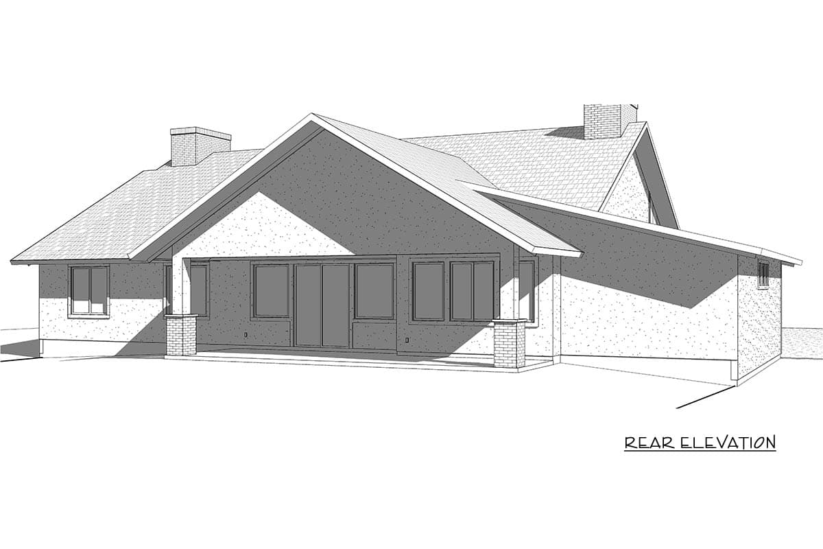 Rear elevation of a single-story house plan with a large gable, prominent chimney, and covered patio with brick columns.