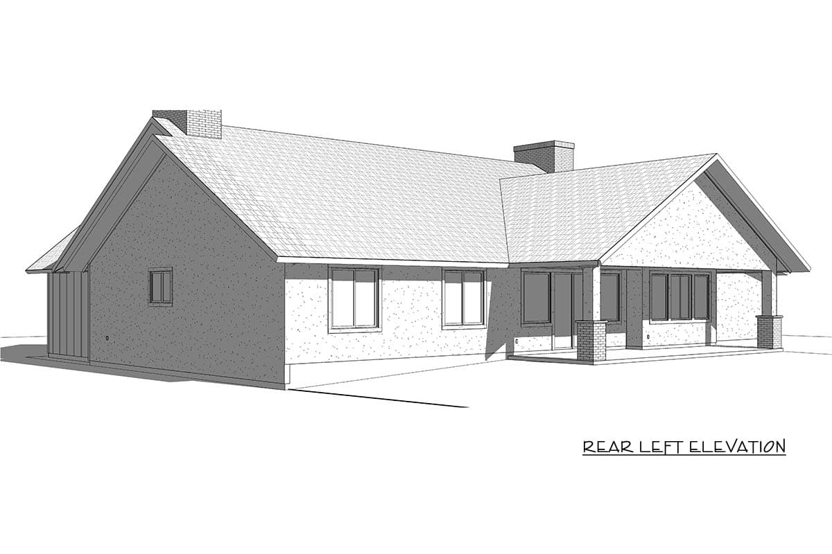 Rear left elevation of a single-story house plan with a prominent gable end, covered porch supported by brick columns, and brick chimney.