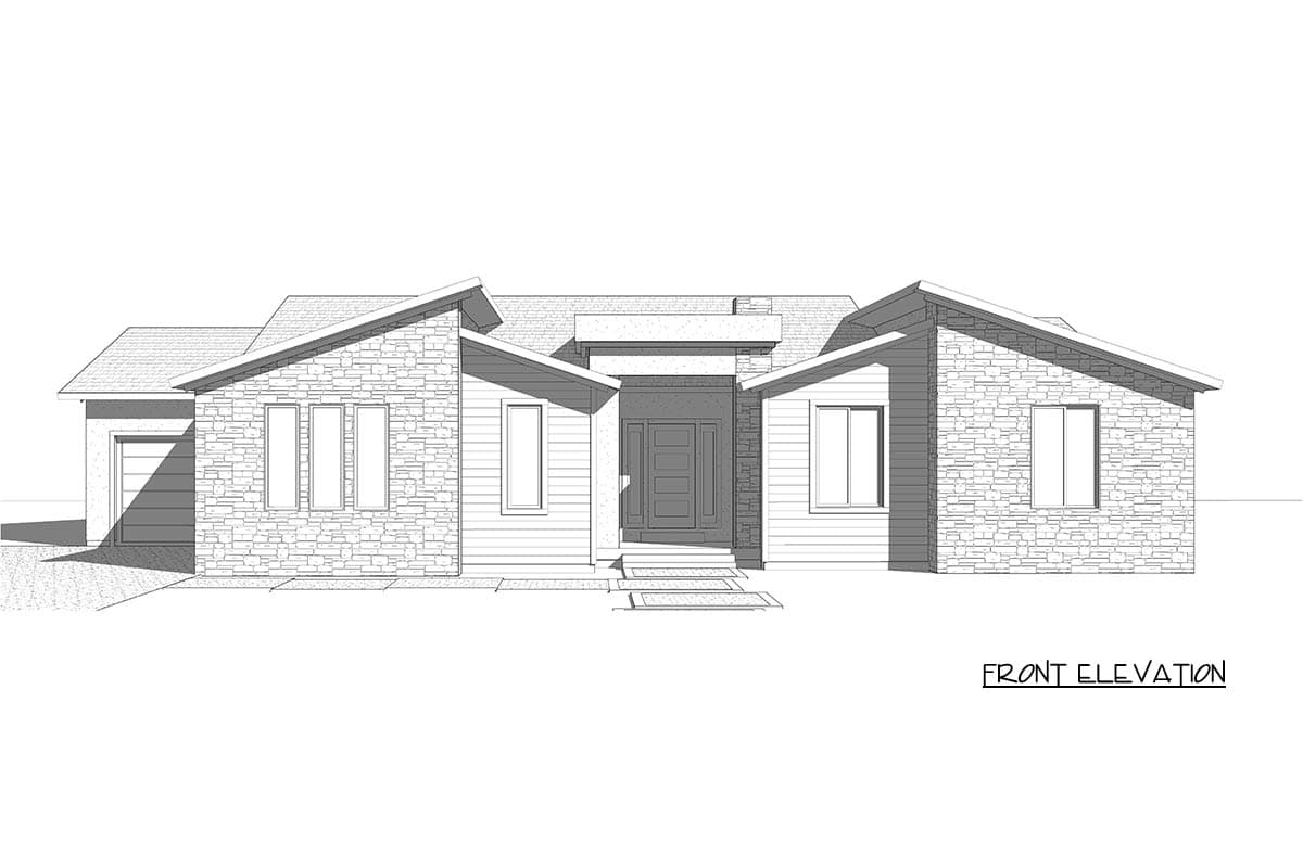 Front elevation drawing of a one-story house with stone and horizontal siding, prominent gables, and attached garage.