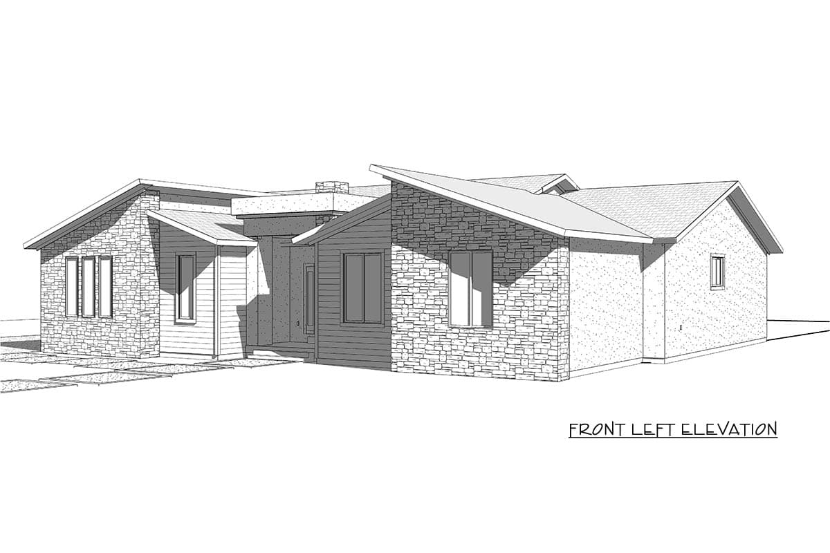 Front left elevation of a single-story house plan featuring stone and horizontal siding, multiple gables, and a prominent chimney.