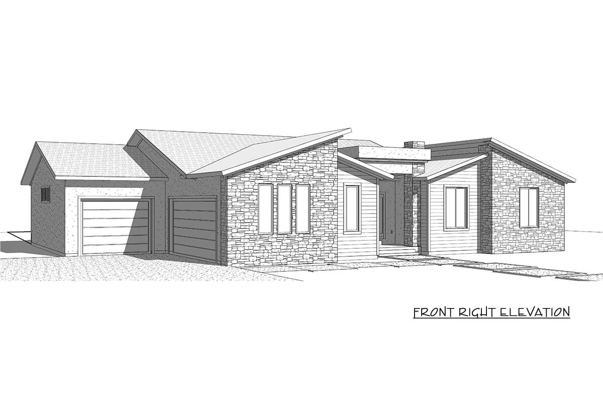 Front right elevation of a single-story house plan with a two-car garage, stone facade, and asymmetrical rooflines.