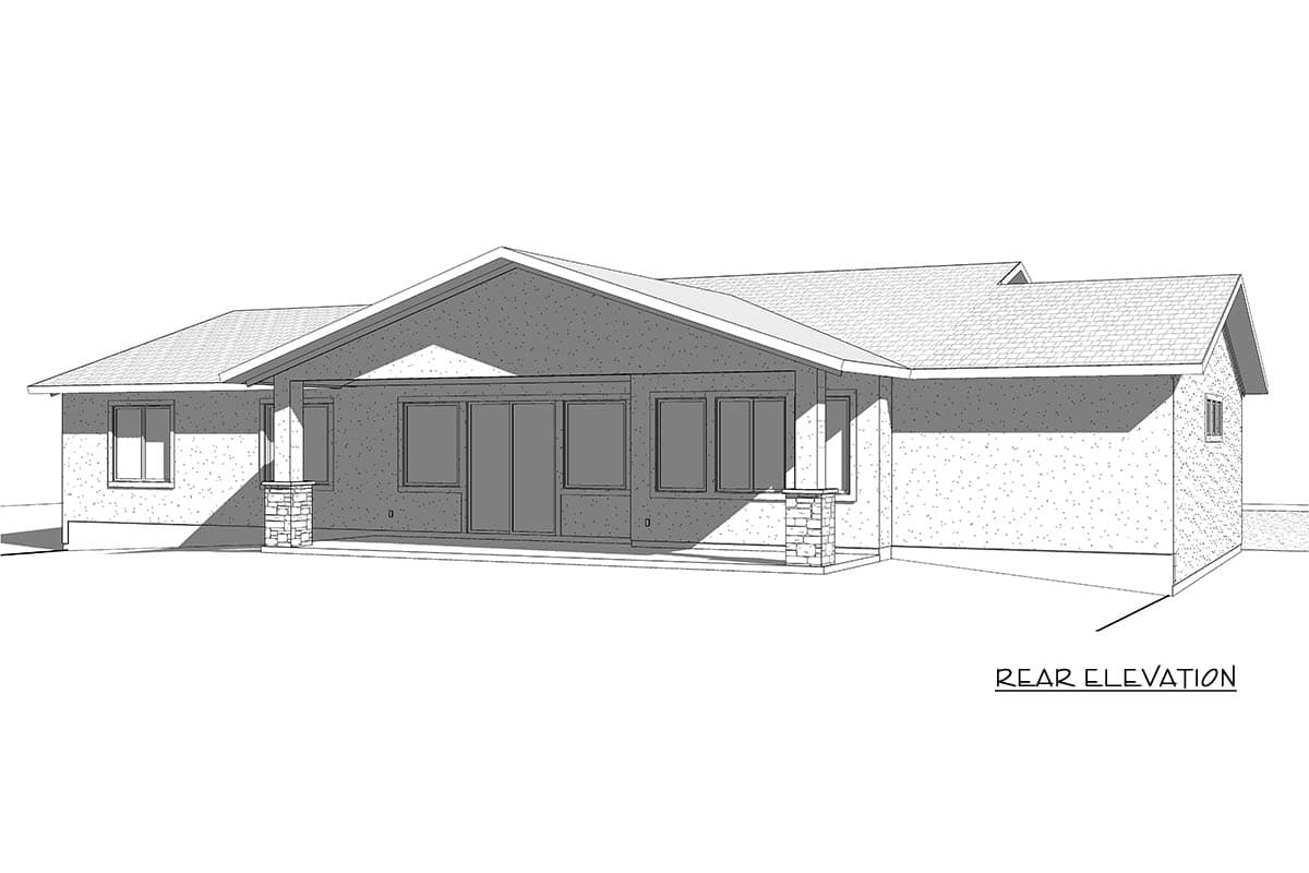 Rear elevation of a single-story house plan featuring a covered patio with stone-clad columns and large windows.