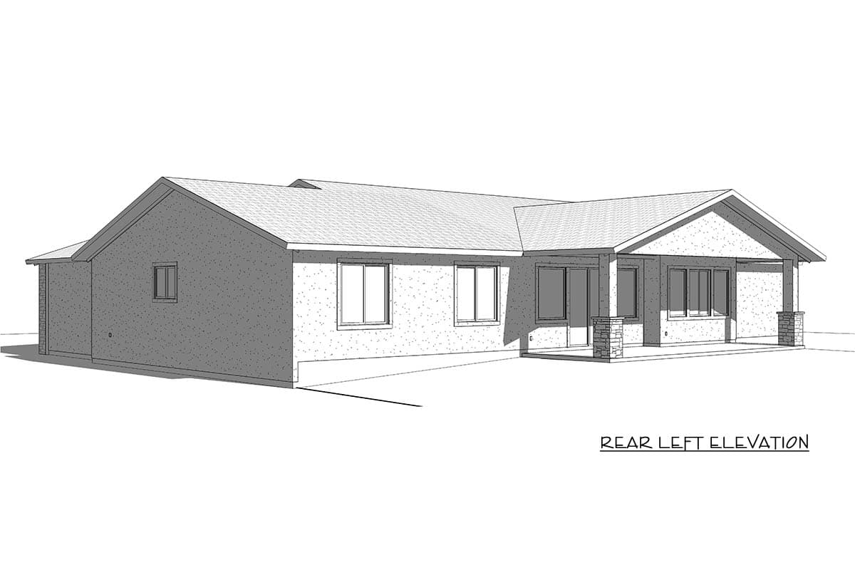 Rear left elevation house plan drawing of a single-story home with a covered porch supported by stone columns.