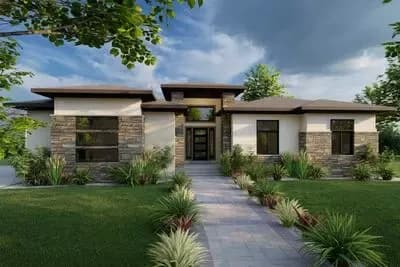 Modern Single-Story Prairie House Plan with Expansive 3-Car Garage