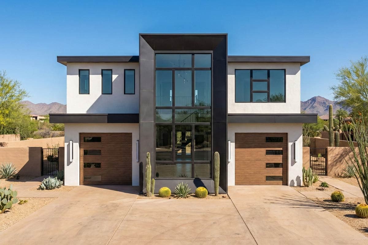 Modern two-story house with a large glass facade in a desert landscape. Wooden garage doors and cacti accent the exterior with mountain views.