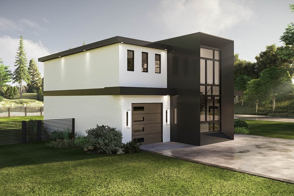 Modern two-story house plan exterior with a flat roof, stucco finish, wood garage door, and large black-framed windows.