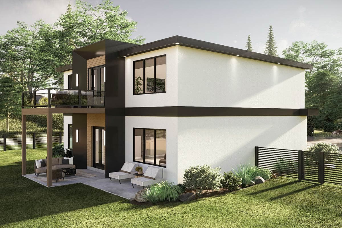 Modern two-story house plan exterior with a cantilevered balcony, flat roof, and large windows.
