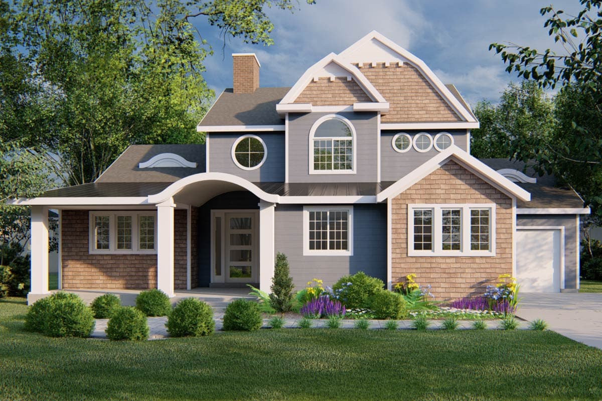 House plan exterior: Two-story home with arched entry porch, circular and arched windows, and gabled dormers.