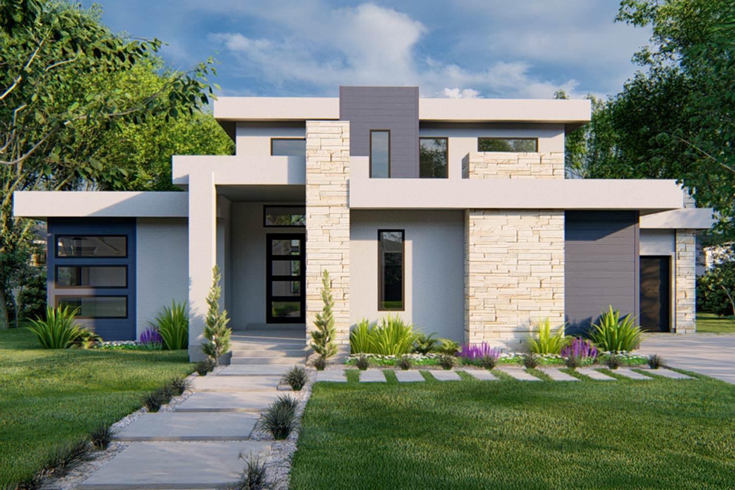 Modern house plan exterior: Two stories, stone accents, flat rooflines, horizontal windows, and a multi-pane glass entry door.