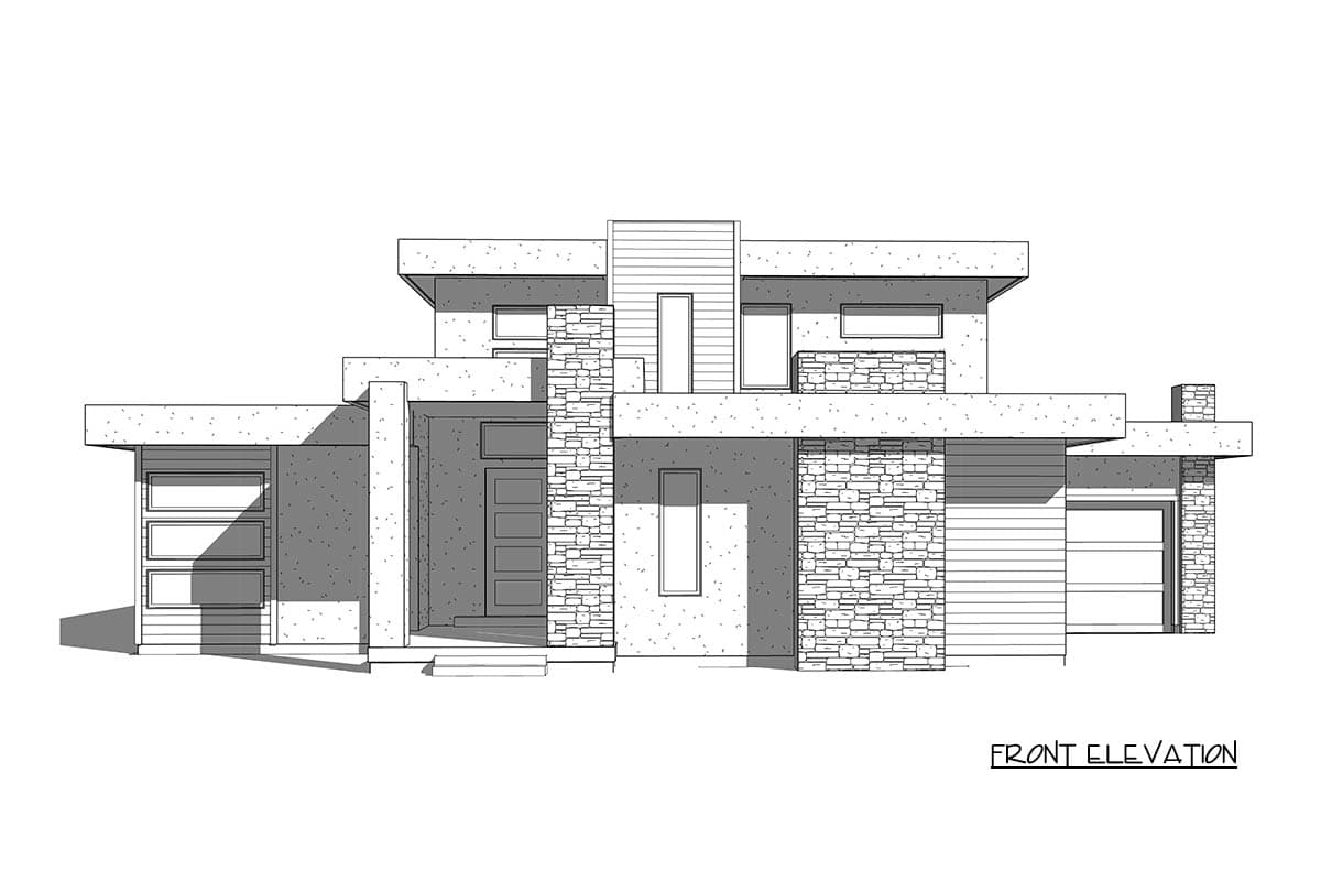 Front elevation drawing of a two-story modern house plan with stone accents, flat rooflines, and multiple garage doors.