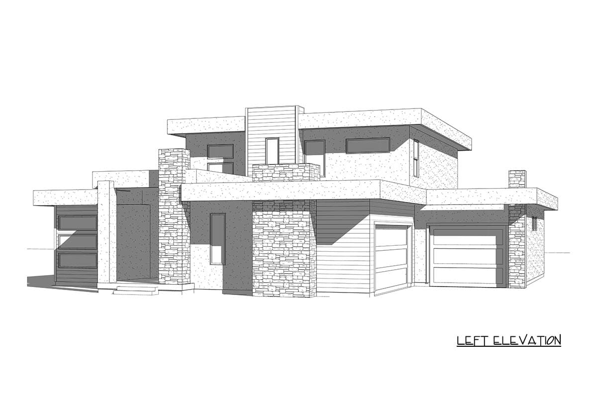 Left elevation drawing of a modern house plan featuring stacked stone accents, horizontal siding, and multiple garage doors.