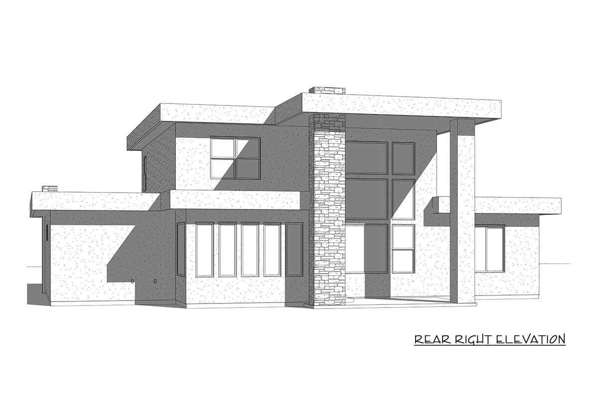 Rear right elevation drawing of a two-story modern house with flat rooflines, stone chimney, and large windows.