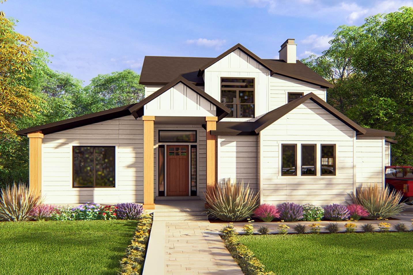 House plan exterior: Modern Farmhouse style, two stories, with prominent gables, a covered entry with wood columns, and horizontal siding.