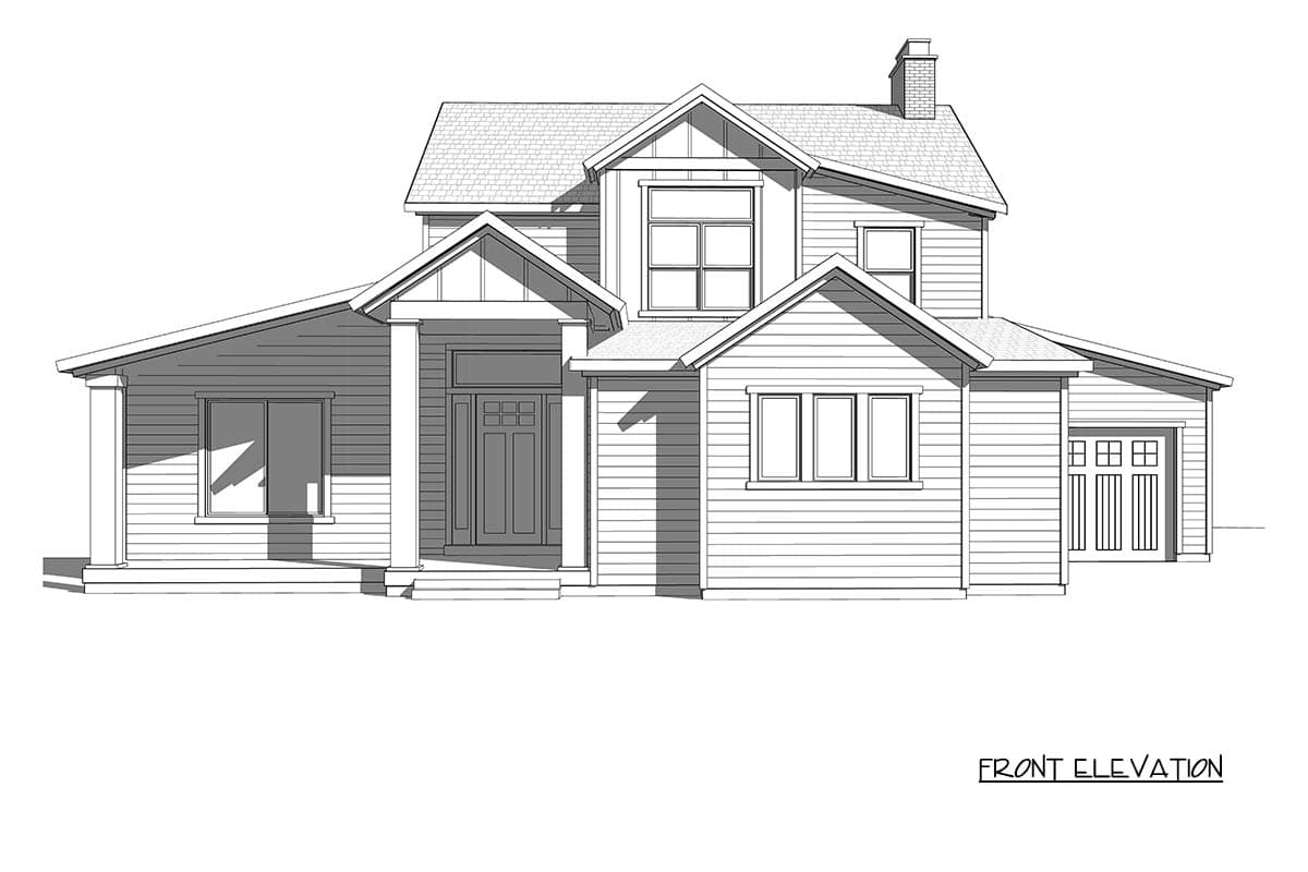 Front elevation of a two-story house plan with a covered porch, gables, dormer window, and attached garage.
