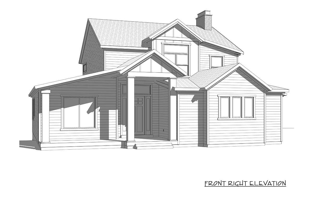 Front right elevation drawing of a two-story house plan featuring a covered porch, gables, and a prominent chimney.