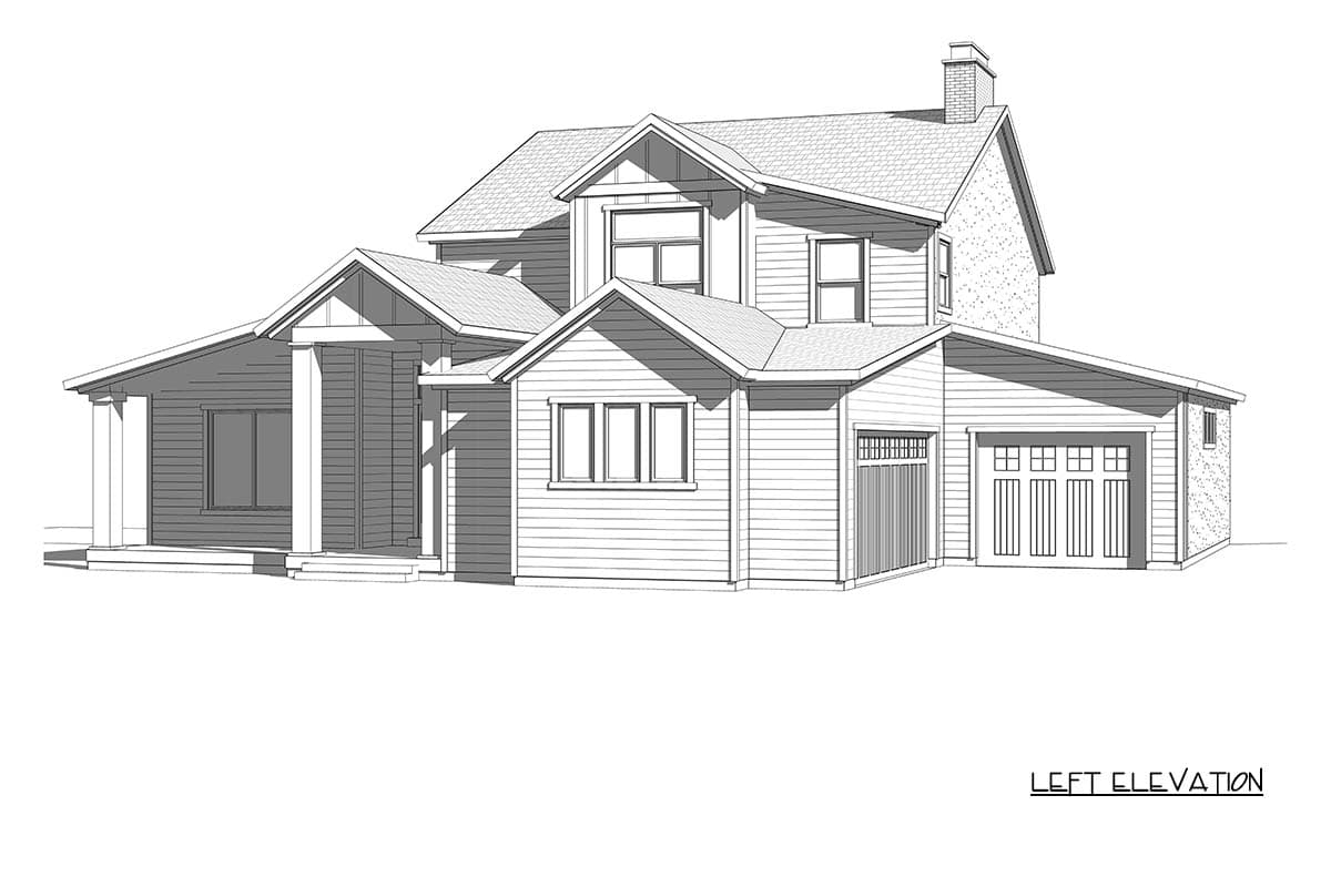 Left elevation house plan showing a two-story home with a covered front porch, gables, and a two-car garage.