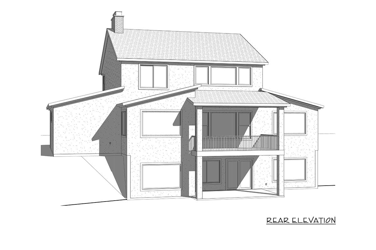 Rear elevation drawing of a two-story house with a hip roof, chimney, second-story balcony, and covered lower patio.