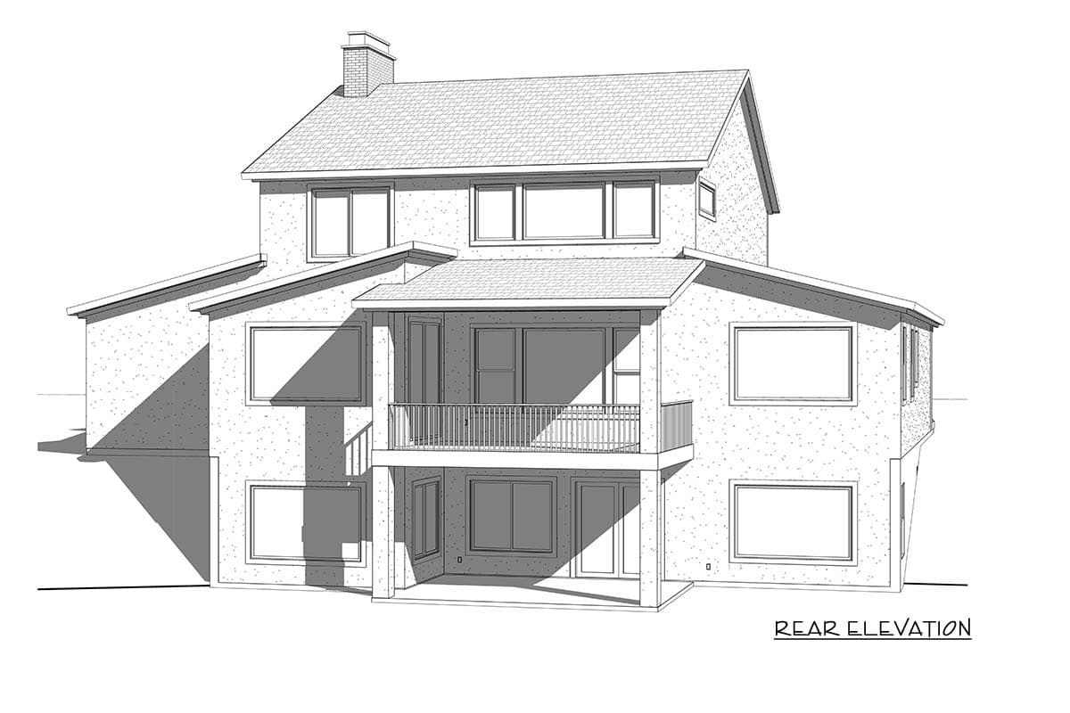 Rear elevation drawing of a multi-story house with a prominent chimney, multiple windows, and a second-story balcony.