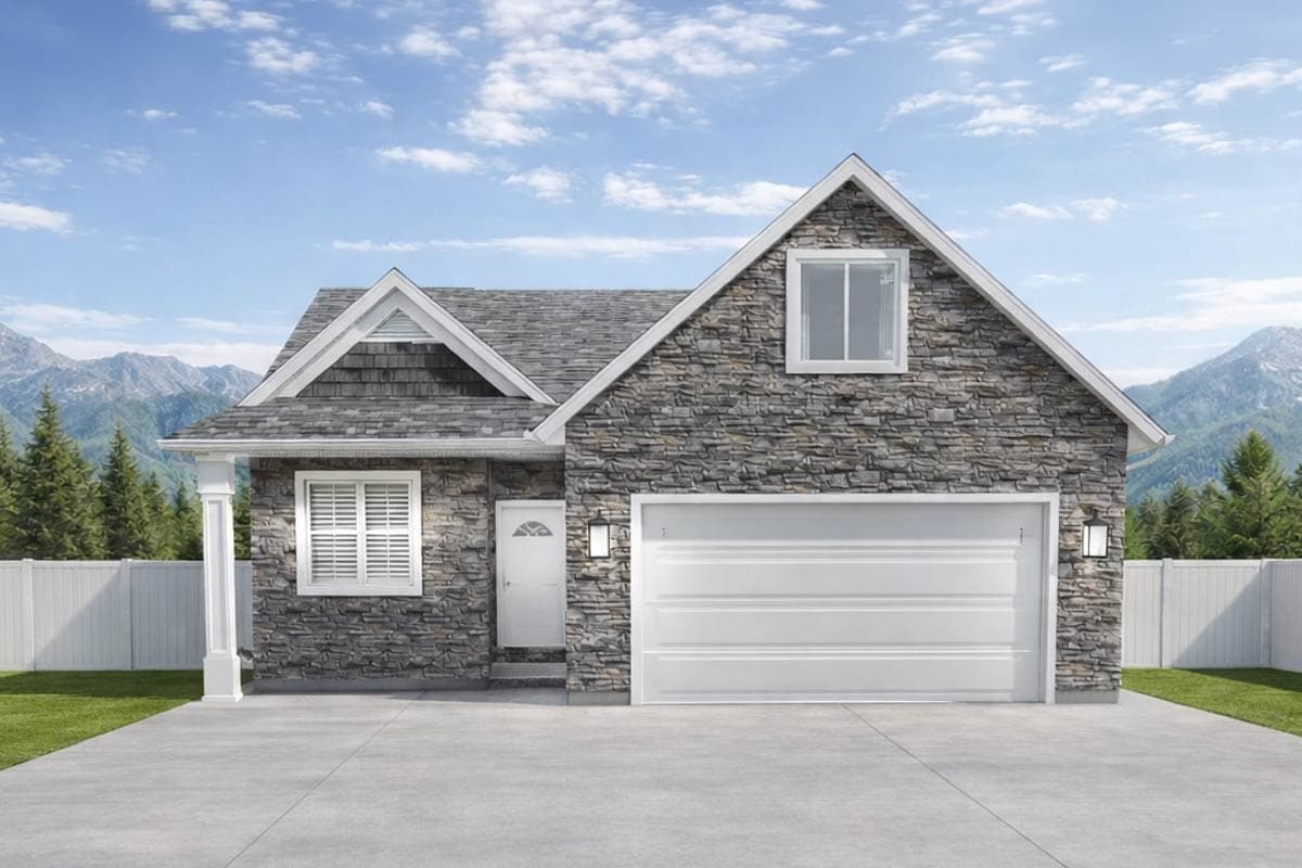 A stone-clad house with a white garage door sits on a concrete driveway. Mountains and trees are visible in the background under a blue sky.
