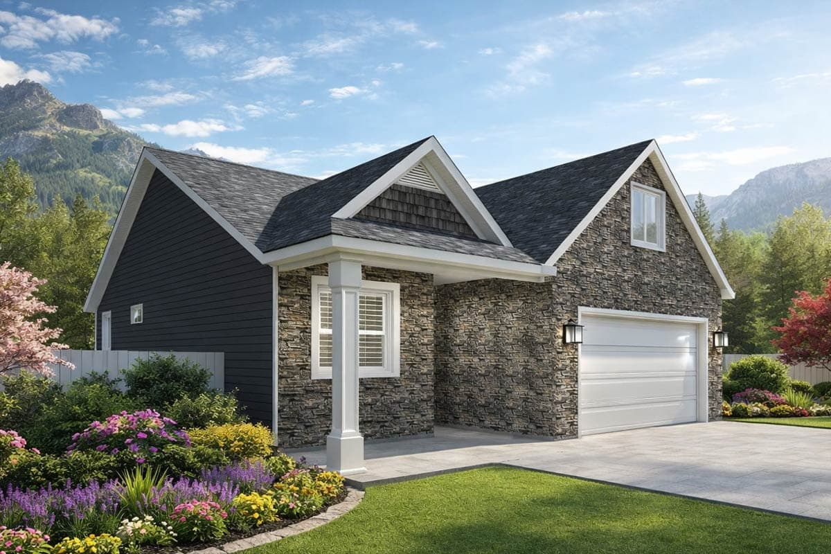 House plan exterior with stone and dark siding, covered front porch, gabled rooflines, and a single-car garage.