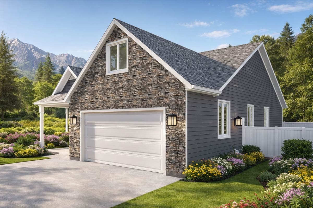 House plan exterior with stone and gray siding, two-car garage, gabled roof, and covered porch.