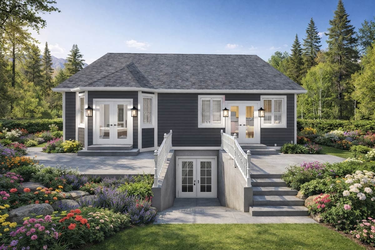 House plan exterior: Dark siding, two stories, gable roof, double french doors, and a walk-out basement entrance.