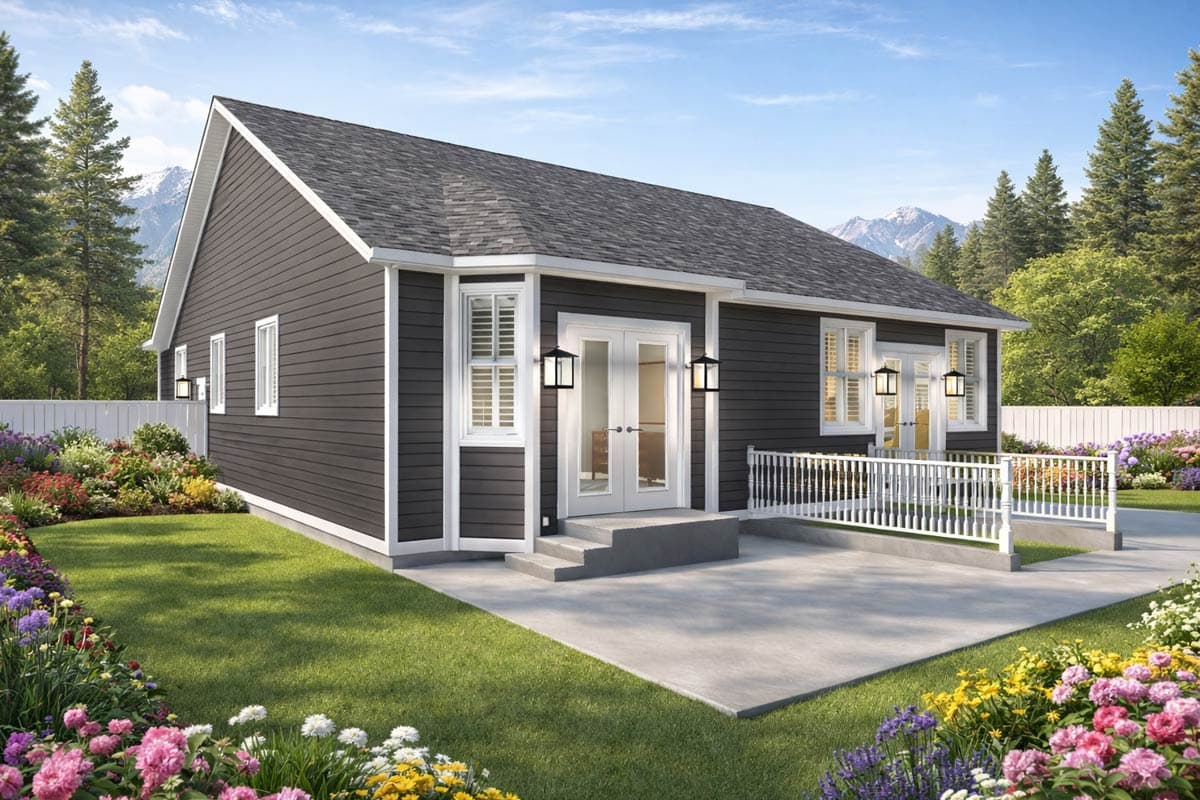 House plan exterior: One-story home with dark siding, white trim, dual French doors, and a white picket fence surrounding a patio.