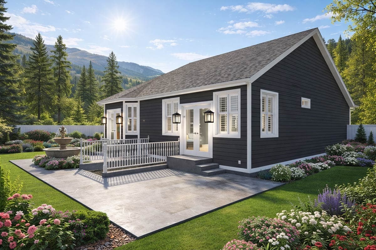 House plan exterior, single-story dwelling with hip roof, centered French doors, shutters, and side-facing gable.