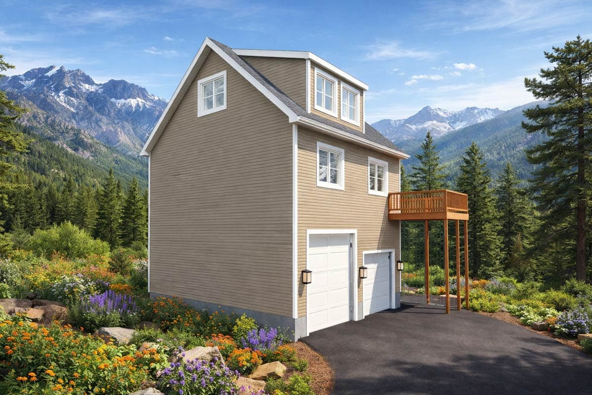 House plan exterior: Tall structure with two garage doors, a second-story deck, and dormer windows under a peaked roof.