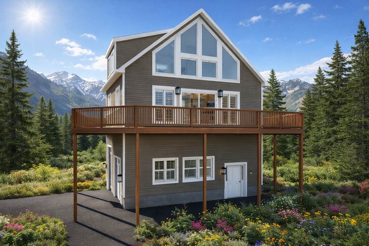 House plan exterior: A two-story modern house with a large wrap-around deck and a prominent A-frame window design.