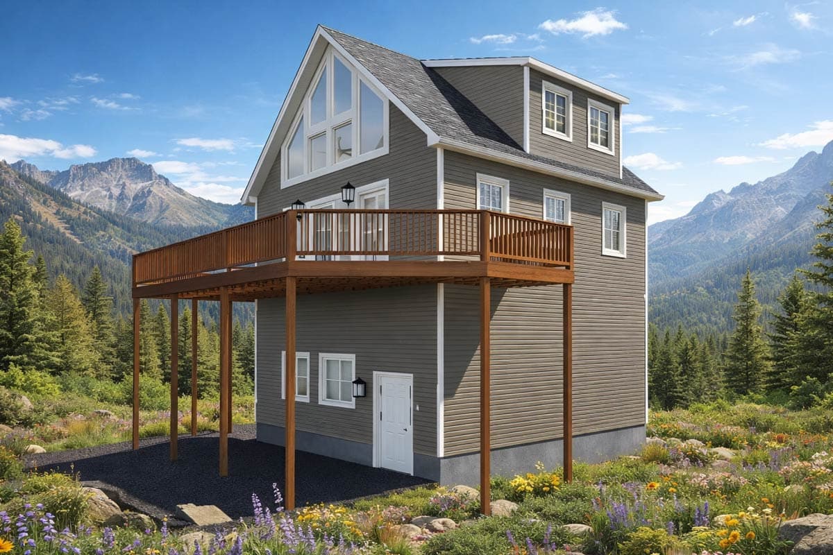 House plan exterior: A tall, narrow house with a large gable window, a wraparound deck, and dormer windows.