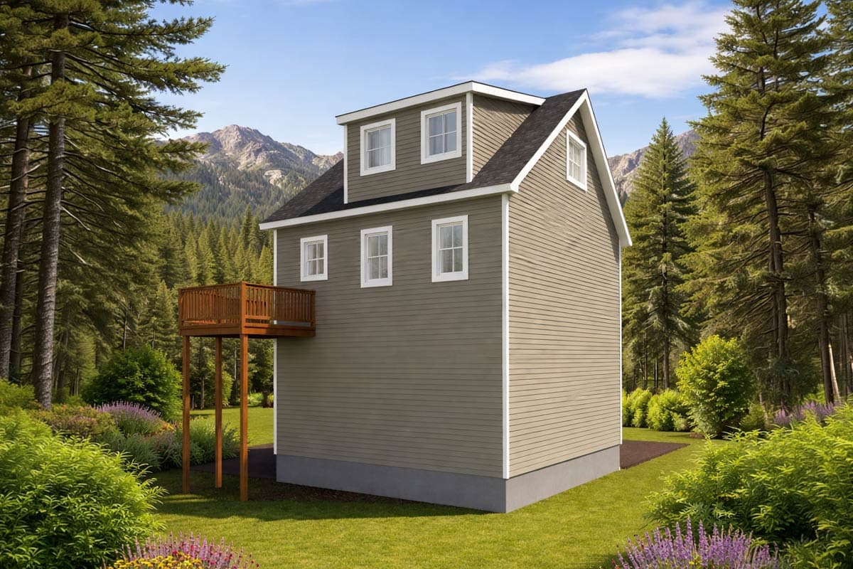 House plan exterior: two-story building with dormers, a gable roof, and a raised wooden deck supported by posts.