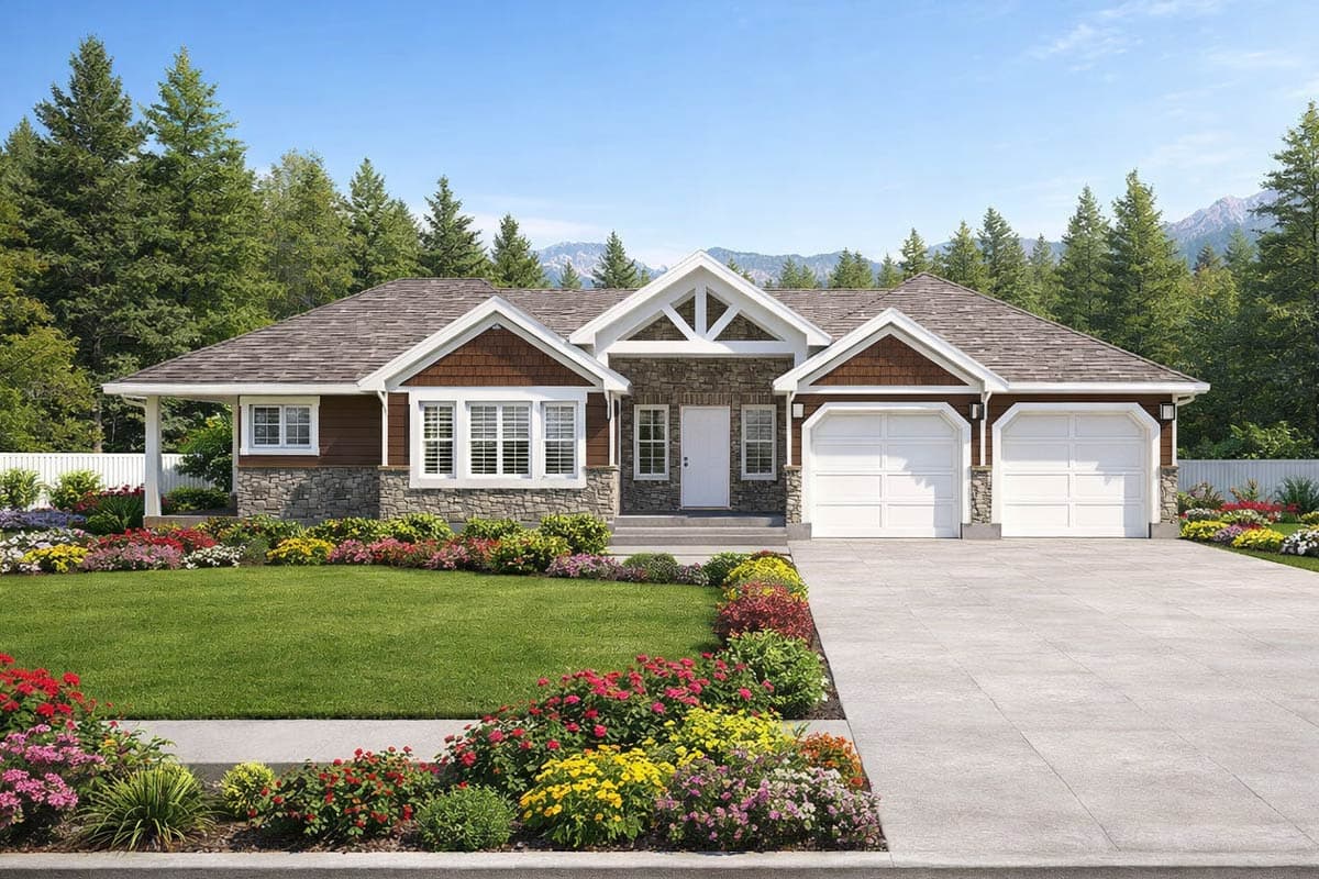 House plan exterior: One-story Modern Farmhouse with stone and wood siding, covered porch, and a two-car garage.