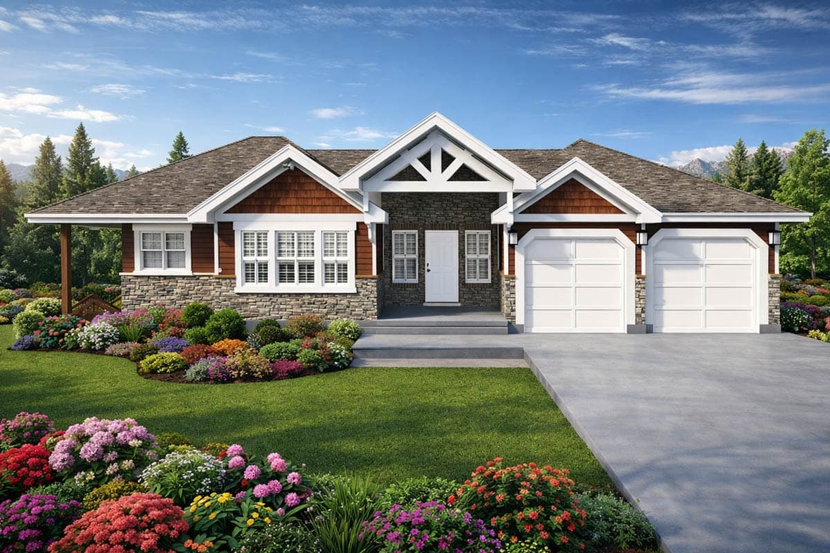 House plan exterior, one story, stone and wood siding, front porch, and two-car garage.