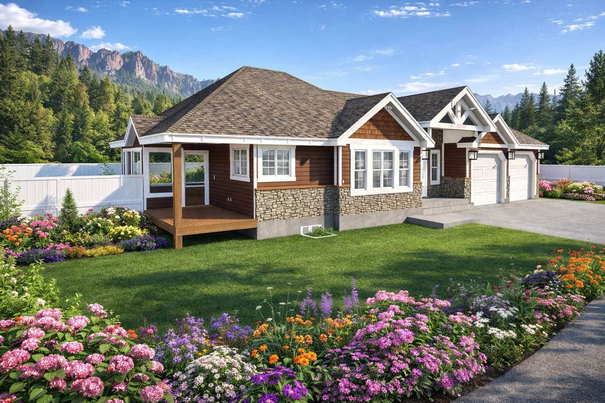 House plan exterior: Ranch style, one story, with wood siding, stone foundation, covered porch, and a three-car garage.