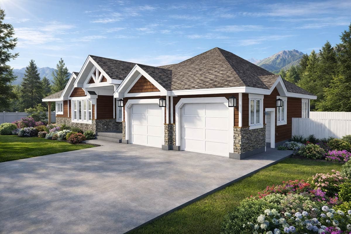 House plan exterior: single-story Modern Farmhouse with twin garage doors, stone and shingle siding, and decorative gables.