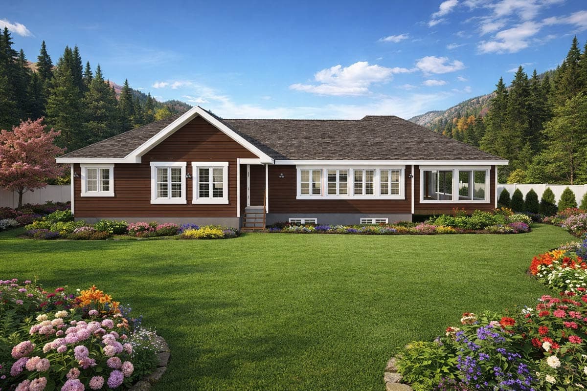 Ranch house plan exterior with a prominent gable, large picture windows, and a covered entry with steps.