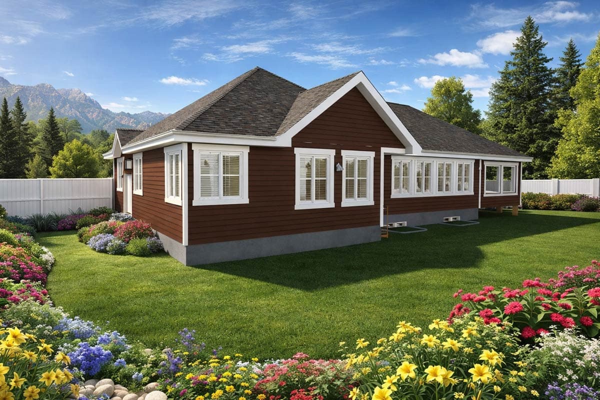 House plan exterior: One-story Ranch with gables, white-trimmed windows, and a prominent roofline.