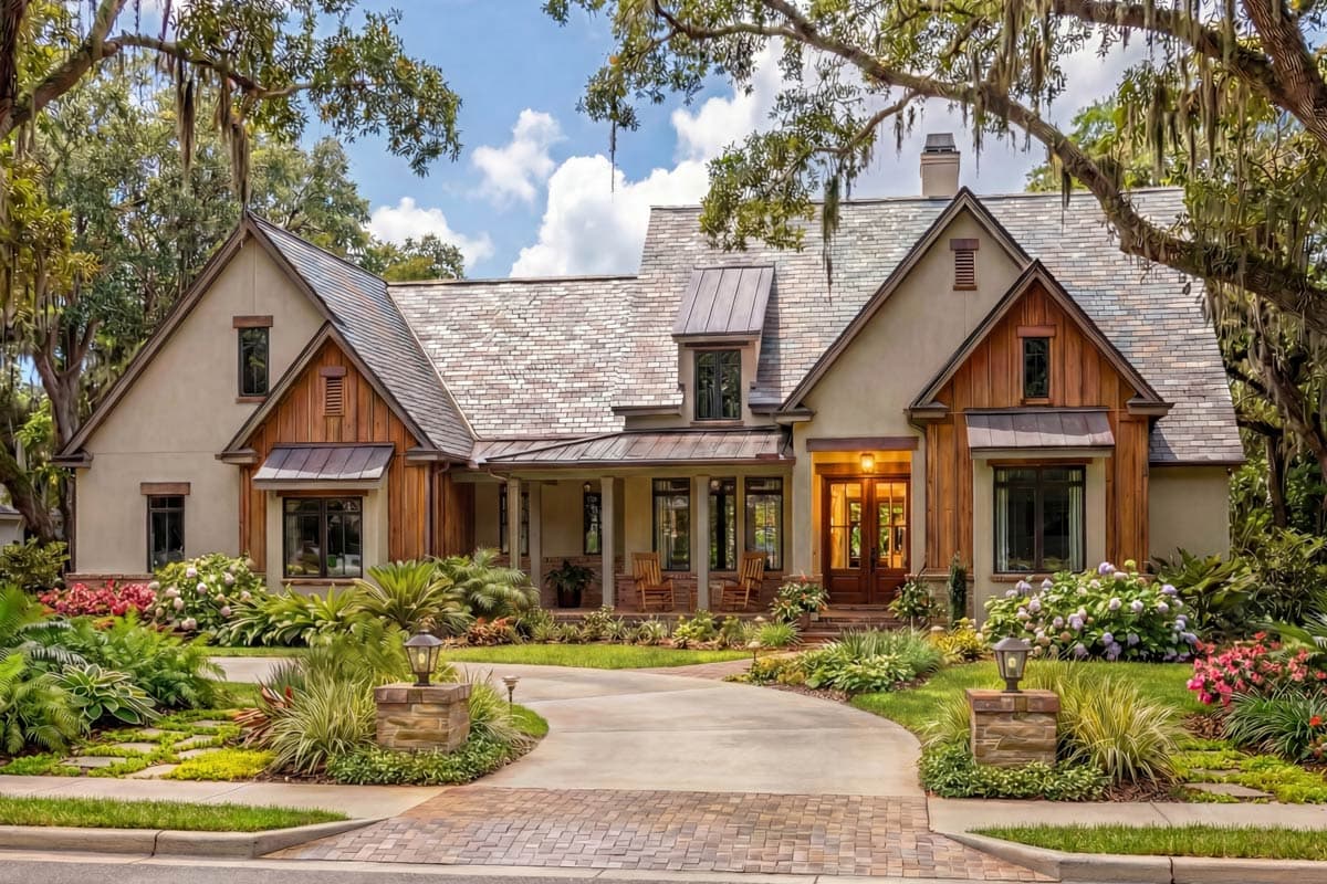 House plan exterior shows a two-story Modern Farmhouse with a covered porch, gables, and stone and wood accents.