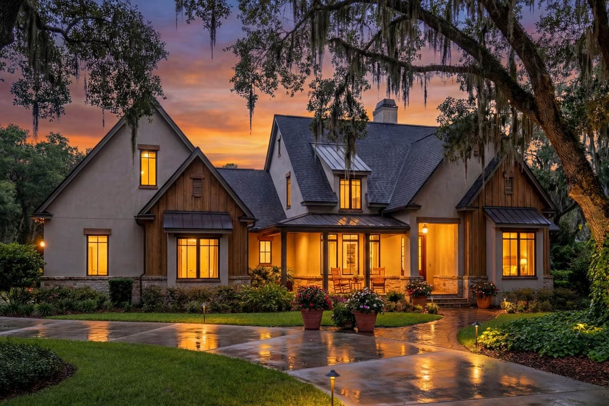 House plan exterior: Two-story dwelling with gables, dormers, wood siding accents, and a covered front porch with seating.