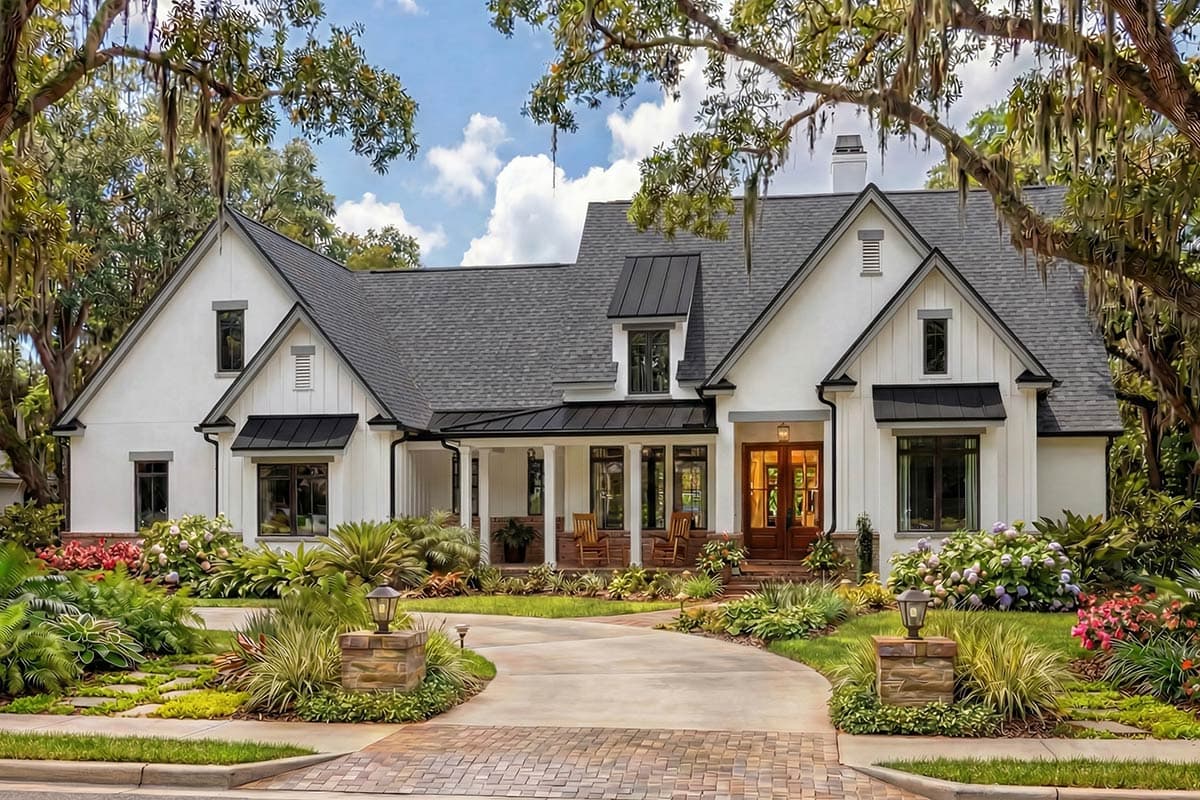 House plan exterior: Modern Farmhouse style, two stories, with gables, dormers, covered porch, and metal roof accents.