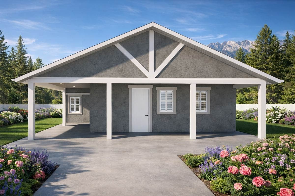 House plan exterior: One-story modern design with a covered patio, central door, and two windows.