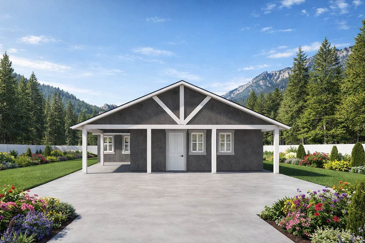 House plan exterior: Single-story ranch with covered porch, gabled roof, and white trim on dark gray stucco.