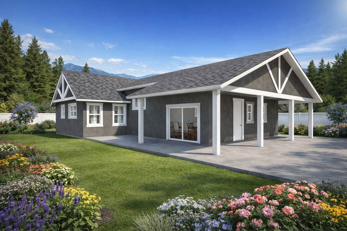 Modern Farmhouse house plan exterior, one story, with covered porch, gable trim, and asphalt shingle roof.