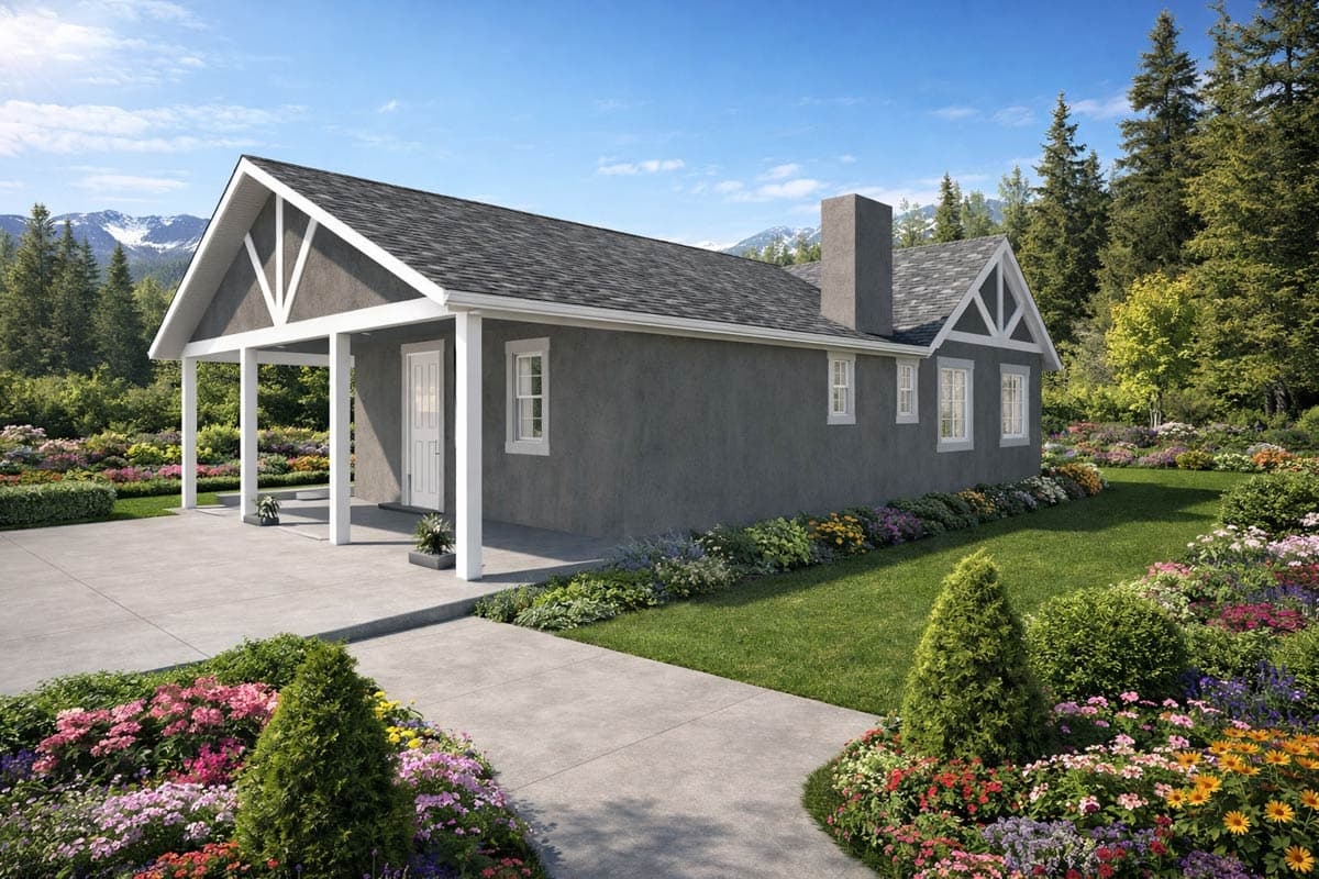 House plan exterior: Single-story ranch with a covered front porch, multiple gables, and a prominent chimney.
